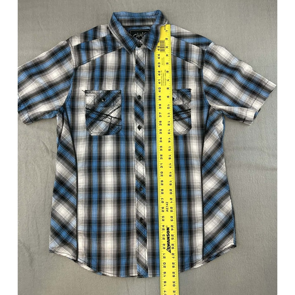 CHALC Y2K Plaid Button Up Shirt Blue Gray Mens‎ Medium - Picture 7 of 7